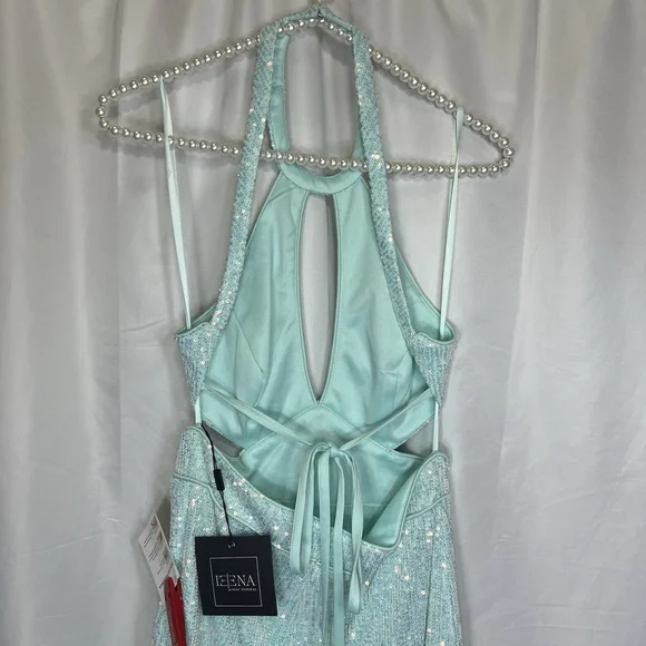 Mac Duggal A11274 Aqua Sequined Halter Cut Out Ruffle Asymmetrical Dress Size 4